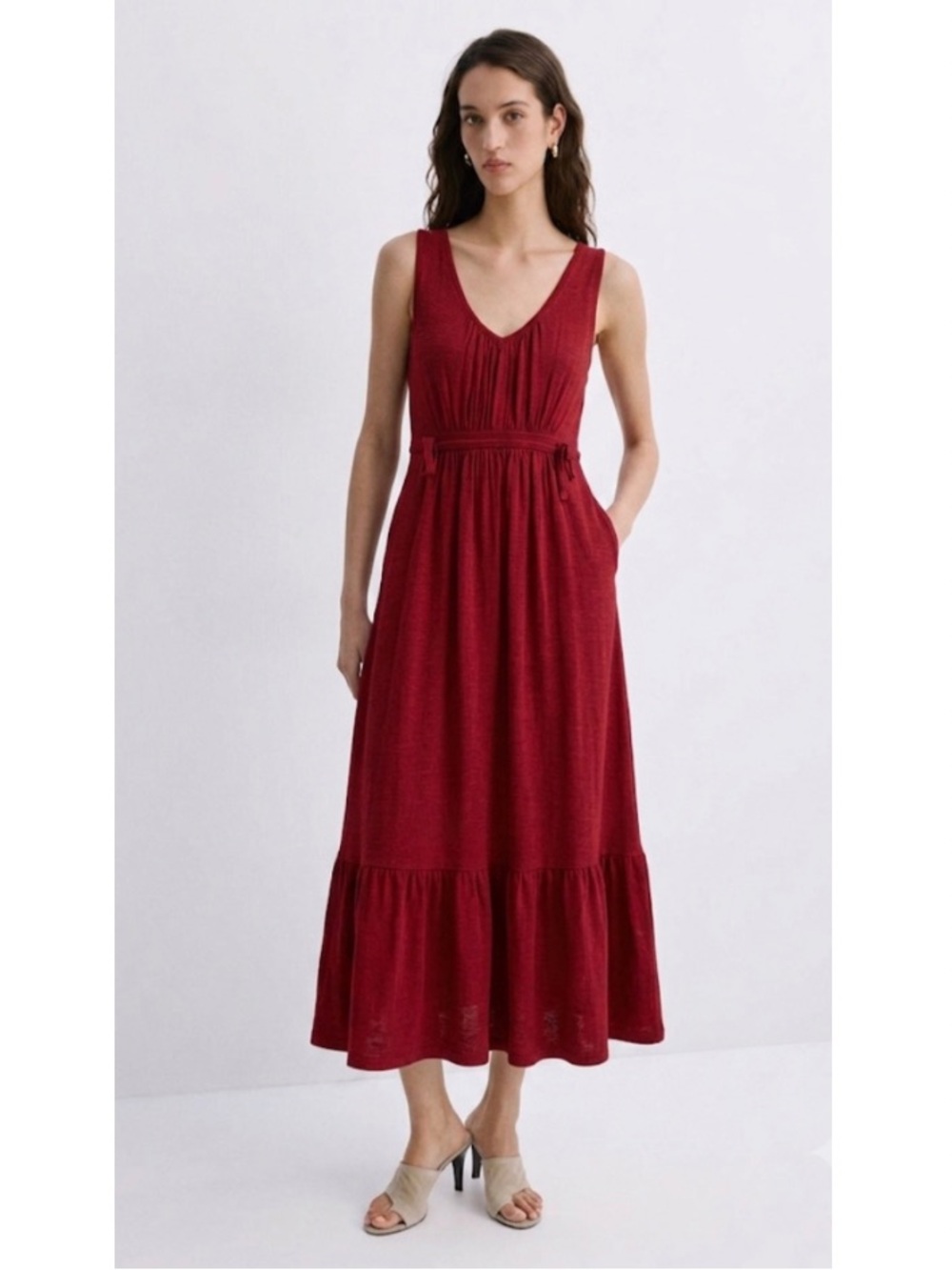 Mango Linen Blend V-Neck Maxi Dress Red Tiered Ruffle Hem Elastic Waist XS Red